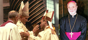 His Holiness Pope Benedict XVI and His Lordship Bishop Francis Micallef exchange greetings in St. Peter's Square. Bishop Micallef was on a visit to Rome in May 2005.